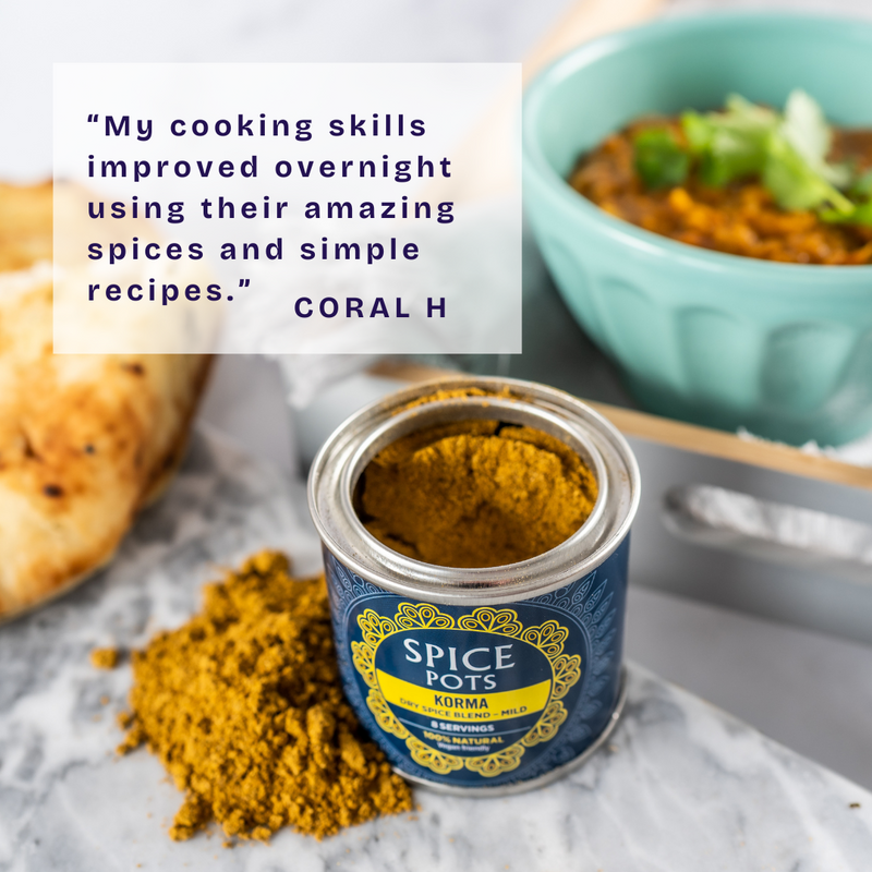 Spice pot with korma spice mix on a table with text testimonial
